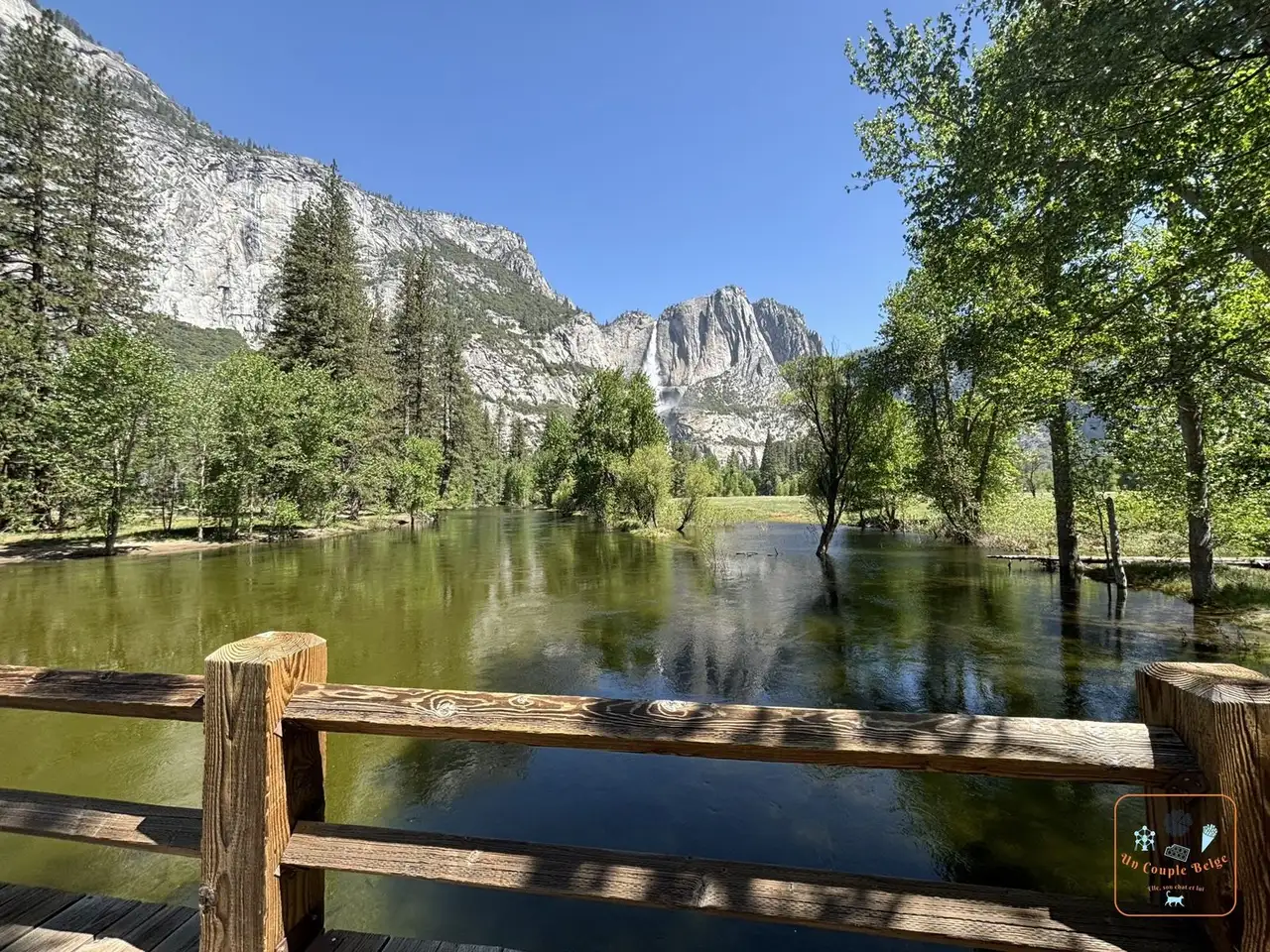 Les Yosemite Falls se reflétant dans la Merced River depuis le Swinging Bridge