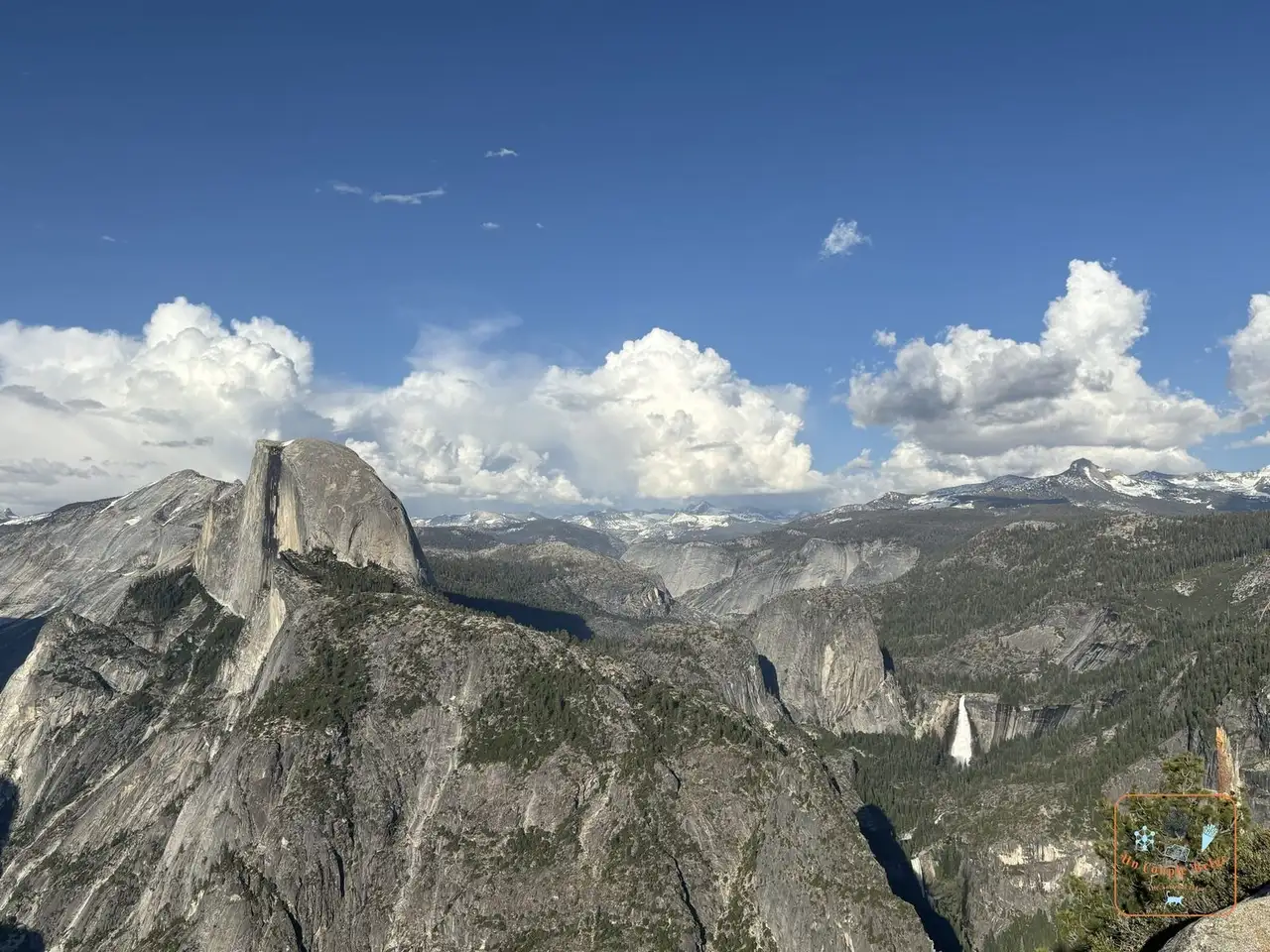Half Dome, Nevada Fall et la haute Sierra en fin de journée depuis Glacier Point