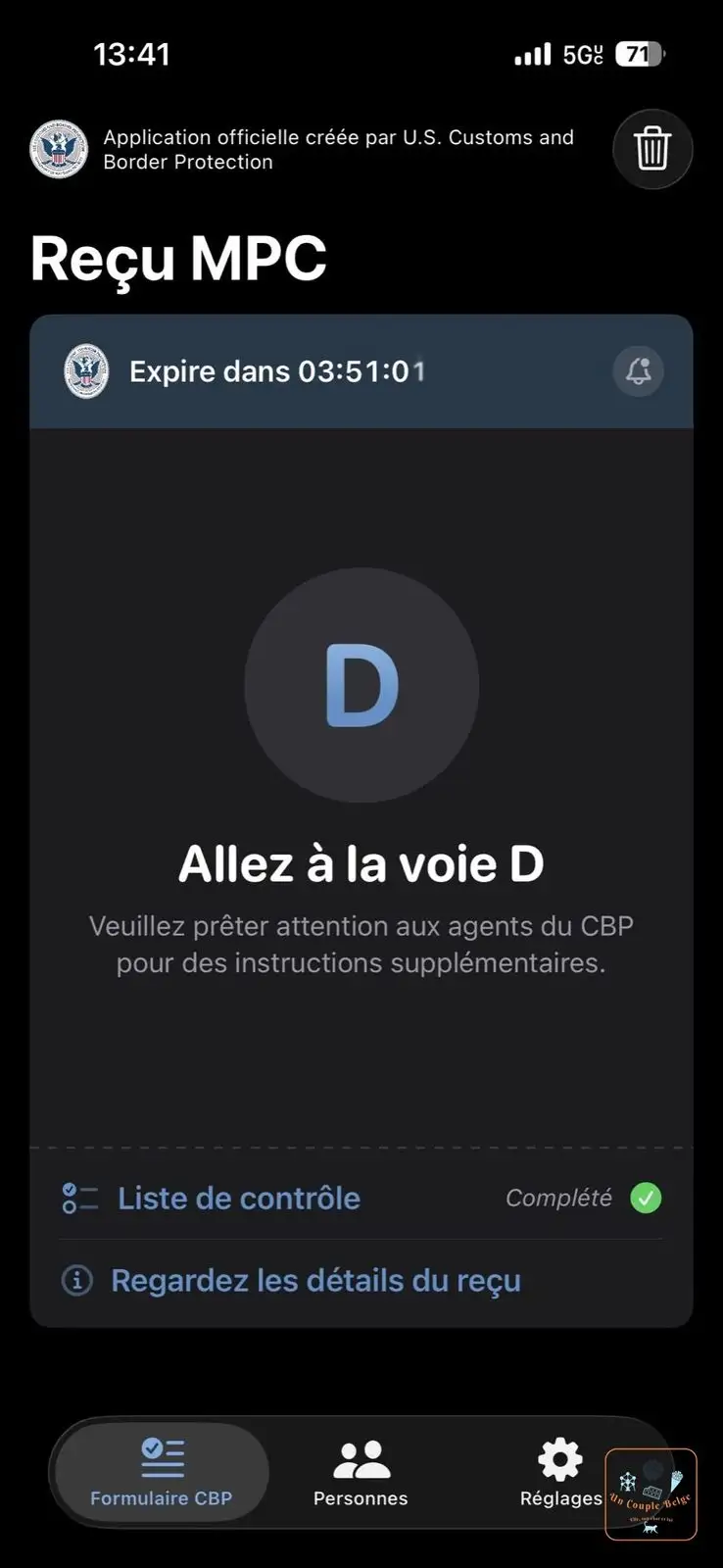 Reçu de l'application Mobile Passport Control indiquant la voie D à la douane