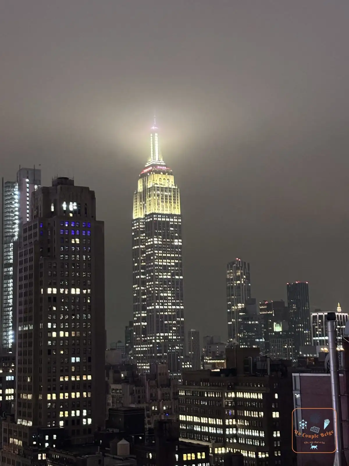 L'Empire State Building dans le brouillard de nuit