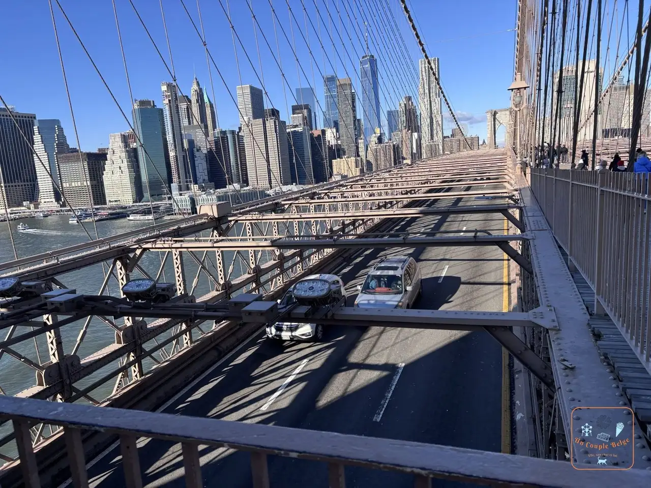 La passerelle piétonne du pont de Brooklyn, avec Manhattan en face
