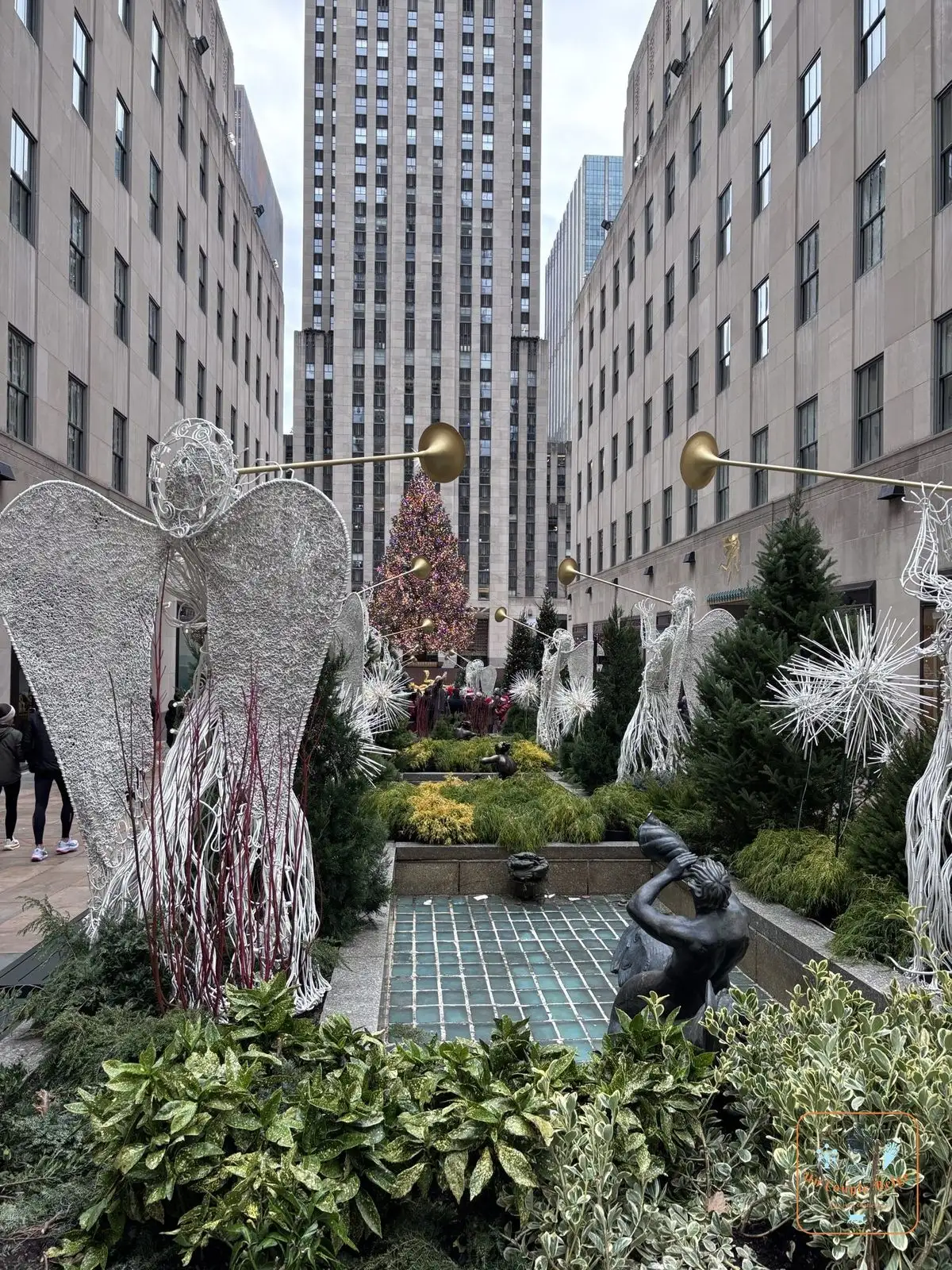 Les anges lumineux des Channel Gardens menant au sapin du Rockefeller Center