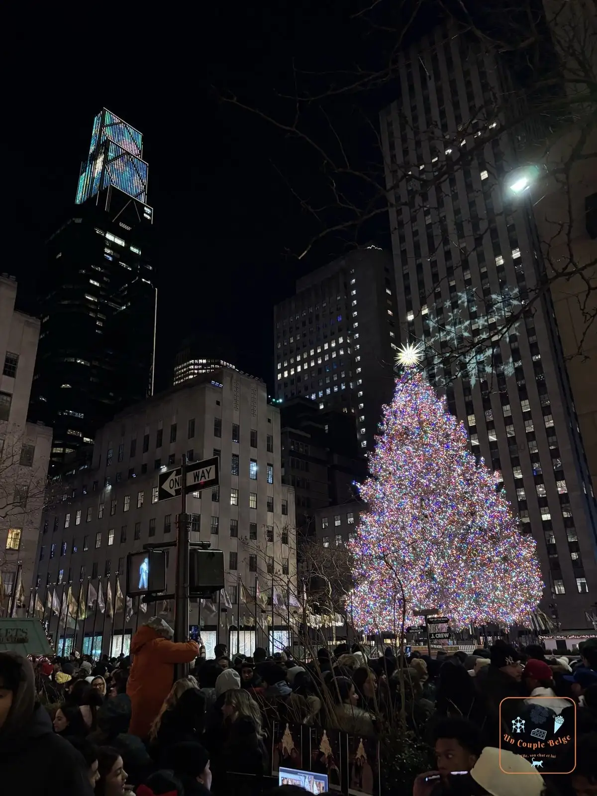 Le sapin du Rockefeller Center illuminé de nuit et la foule