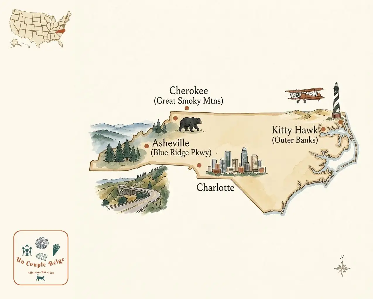 Carte — Caroline du Nord et les lieux cités dans l’article