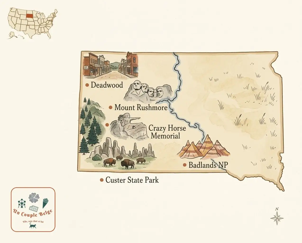 Carte — Dakota du Sud et les lieux cités dans l’article