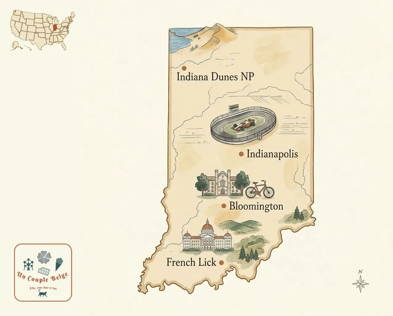 Carte — Indiana et les lieux cités dans l’article
