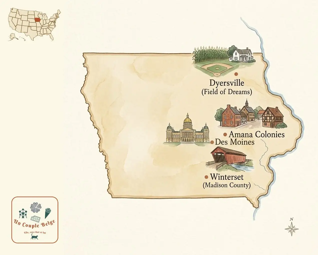 Carte — Iowa et les lieux cités dans l’article