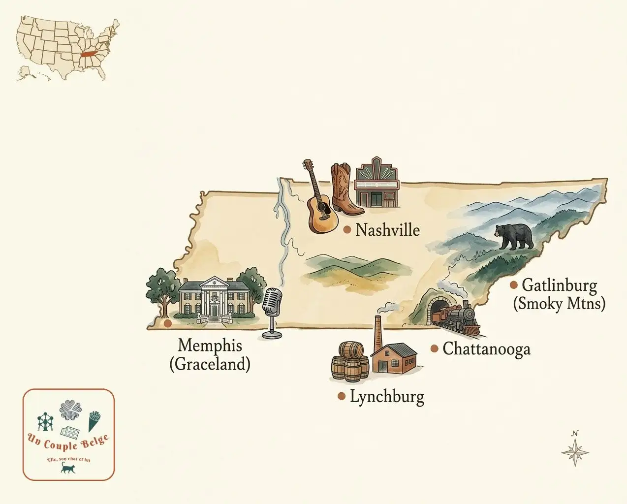 Carte — Tennessee et les lieux cités dans l’article